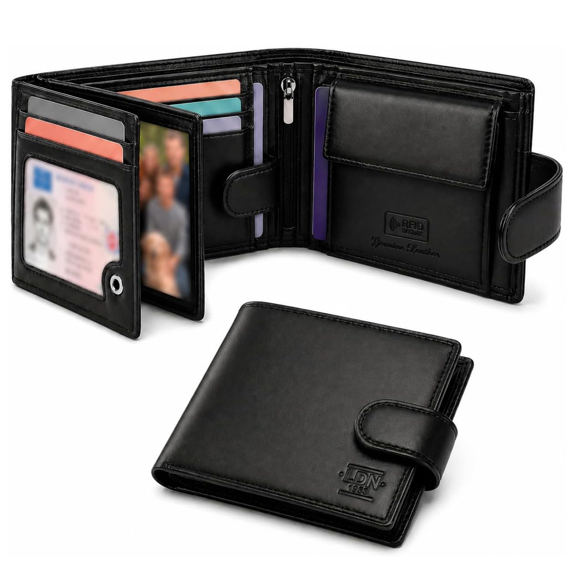 Men's Genuine Leather Wallet | RFID Protection | 8 Card Slots and Coin Pocket | Cow Martini Leather | Gift Box | Embossed Logo and Durable Silver Fittings | 9.5cm(H) x 12cm(W) | Black