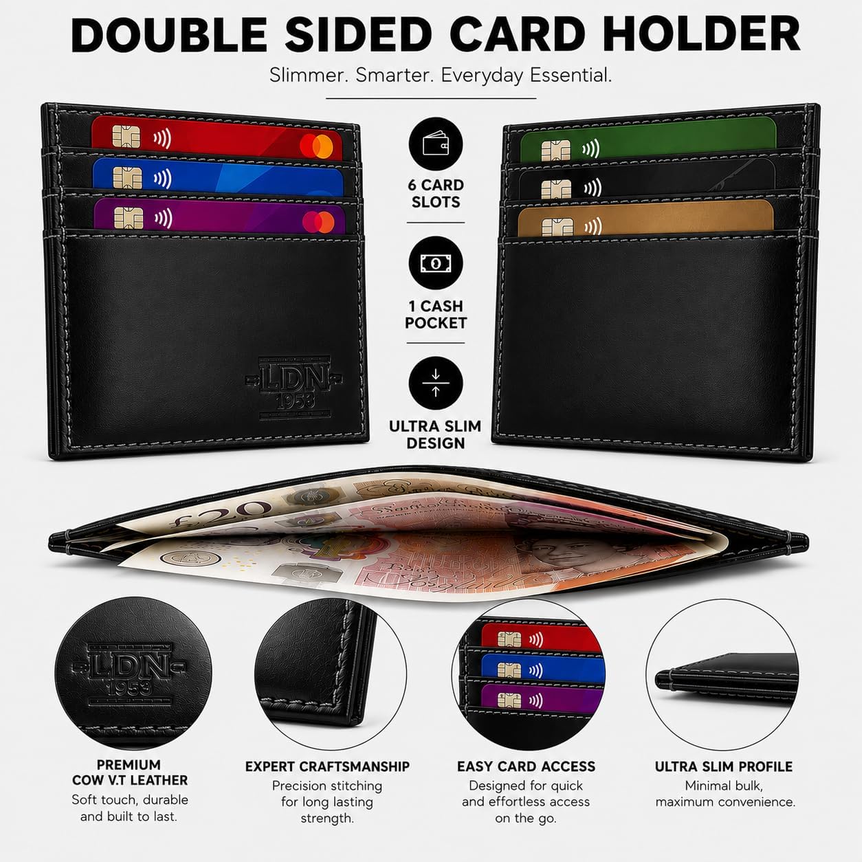 RFID Card Holder Wallet for Men | Ultra-Slim Card Wallet | 6 Credit Card Holders + Multipurpose Pocket | Premium Cow V.T Leather Card Sleeve with Taffeta Lining | Black