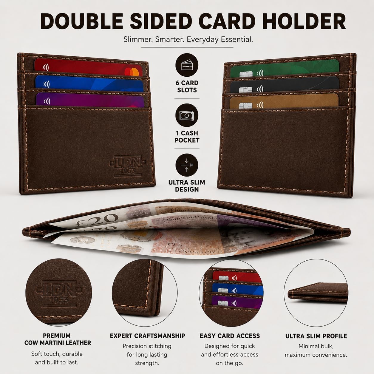 RFID Card Holder Wallet for Men | Ultra-Slim Card Wallet | 6 Credit Card Holders + Multipurpose Pocket | Premium Cow Martini Leather Card Sleeve with Taffeta Lining | Brown