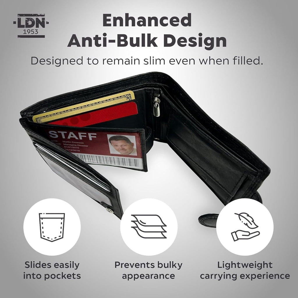 Men's Genuine Leather Wallet | RFID Protection | 8 Card Slots and Coin Pocket | Cow Martini Leather | Gift Box | Embossed Logo and Durable Silver Fittings | 9.5cm(H) x 12cm(W) | Black