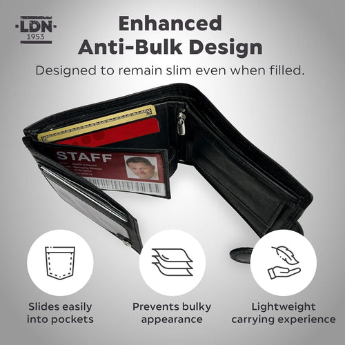 Men's Genuine Leather Wallet | RFID Protection | 8 Card Slots and Coin Pocket | Cow Martini Leather | Gift Box | Embossed Logo and Durable Silver Fittings | 9.5cm(H) x 12cm(W) | Black