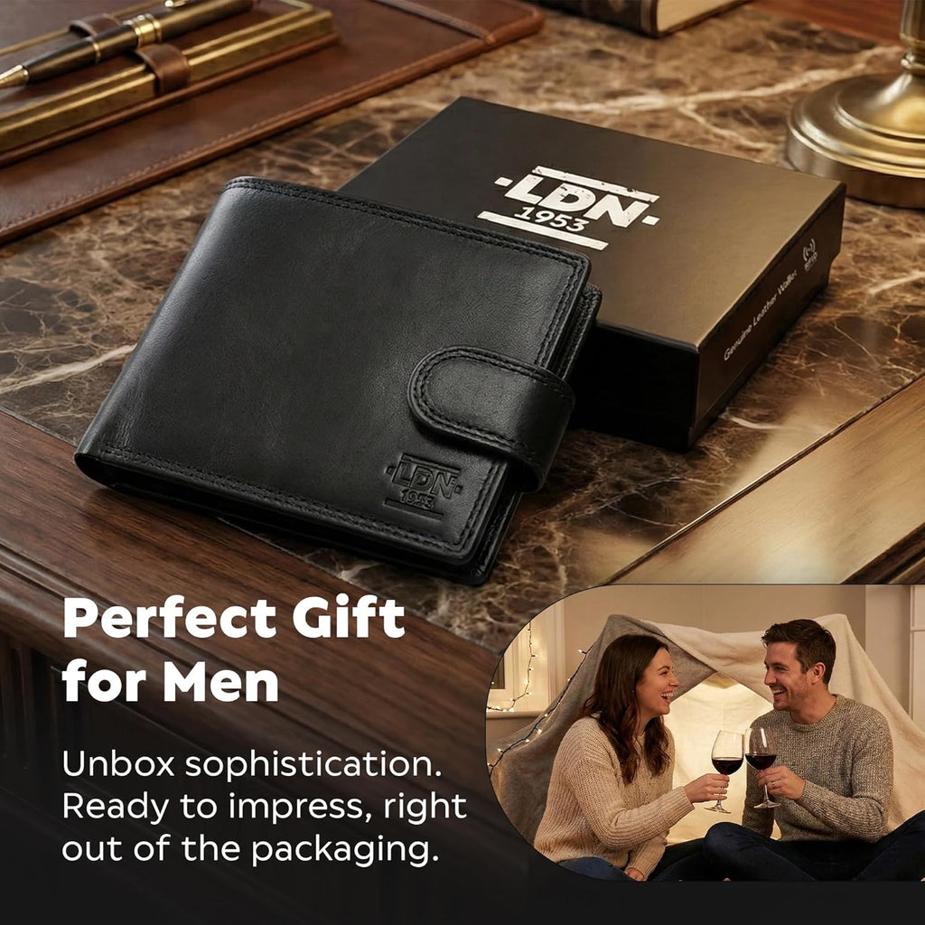 Men's Genuine Leather Wallet | RFID Protection | 8 Card Slots and Coin Pocket | Cow Martini Leather | Gift Box | Embossed Logo and Durable Silver Fittings | 9.5cm(H) x 12cm(W) | Black